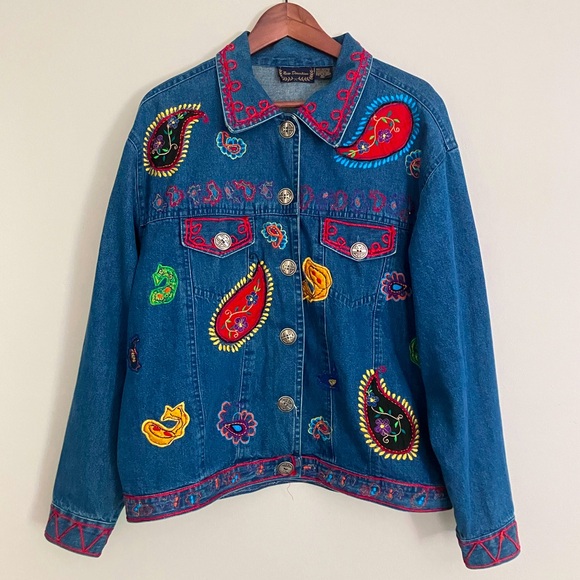 Y2K Vtg New Direction Hand Boho Embroidered Denim Jacket XL - Picture 1 of 8